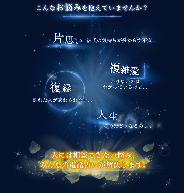 片想い、不倫、復縁、人生など、人には相談できない悩み、みんなの電話占いが解決します。